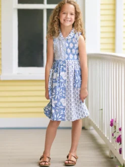 Cloud Sky Patchwork Kids Dress - Blue