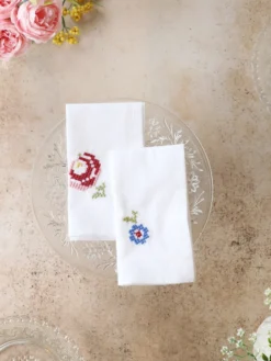 Folklore Cross Stitch Embroidered Napkin Set of 2 - White