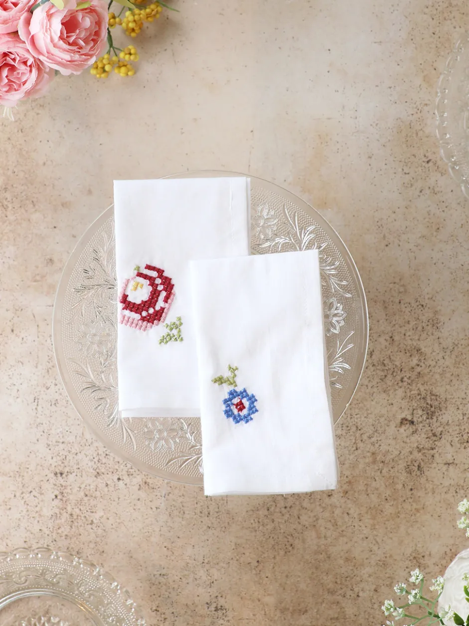 Folklore Cross Stitch Embroidered Napkin Set of 2 - White