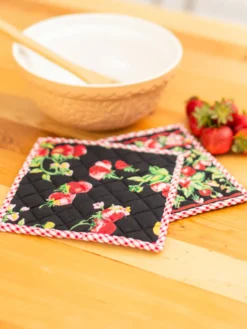 Strawberry Patchwork Potholder Set of 2 - Black
