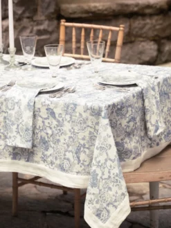 Zen Garden Linen Tablecloth - White Blue